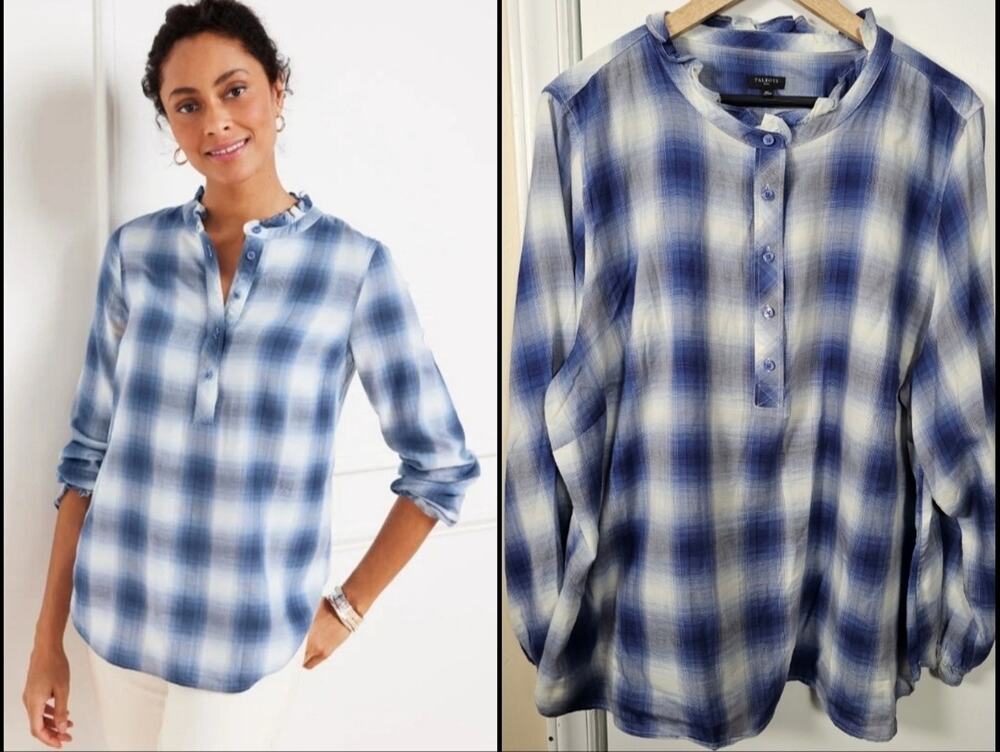 Talbots Cotton Ruffle Neck Plaid Popover Blouse Top 3X Casual Basic Lightweight